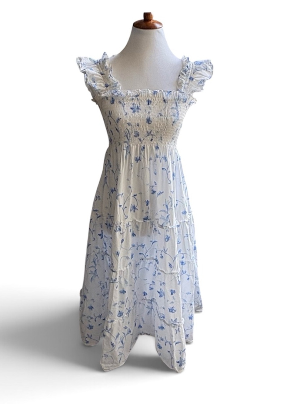 Hill House Floral Maxi Dress in White and Light Blue